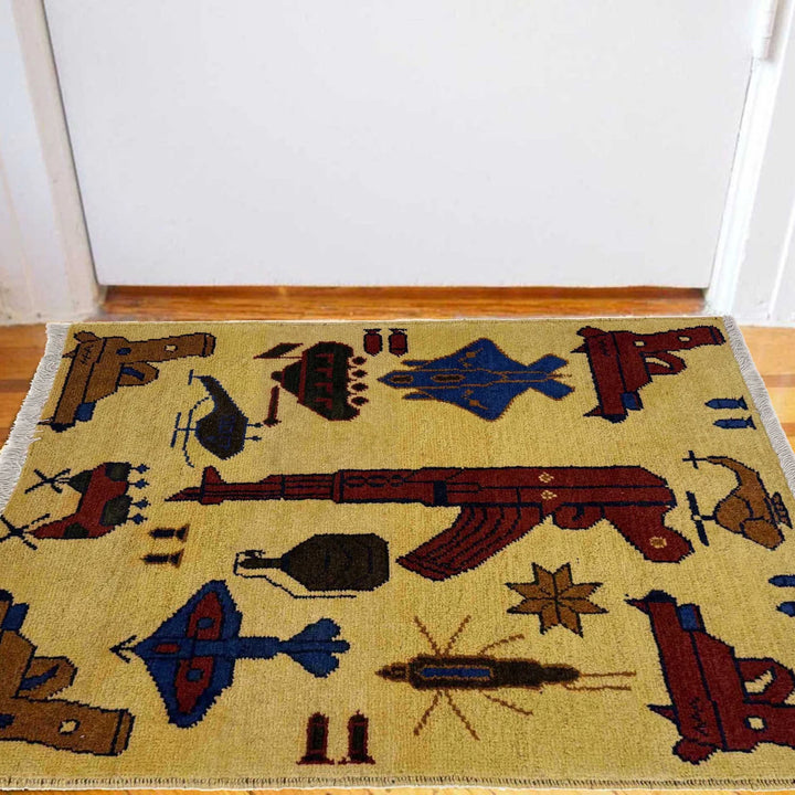 Yellow Afghan War Rug 1' 11" x 2' 10" Hand-Knotted | No. AL43487