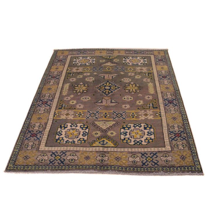Gray Afghan Kazak Rug 4' 0" x 5' 7" Hand-Knotted | No. AL43555