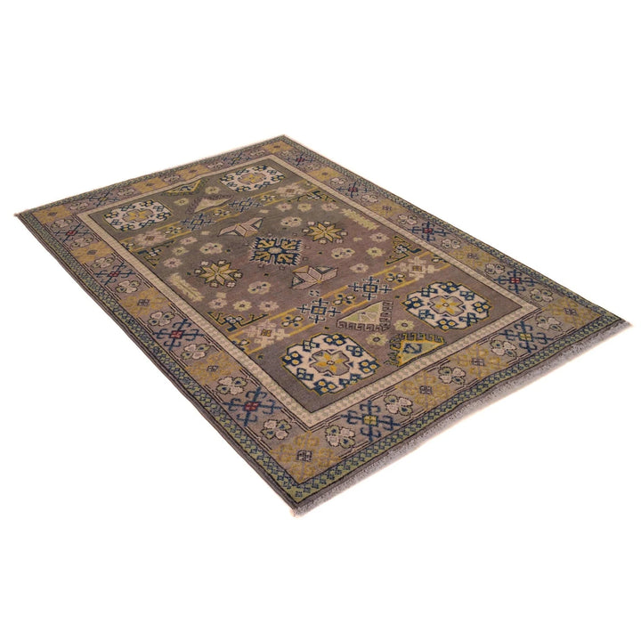 Gray Afghan Kazak Rug 4' 0" x 5' 7" Hand-Knotted | No. AL43555