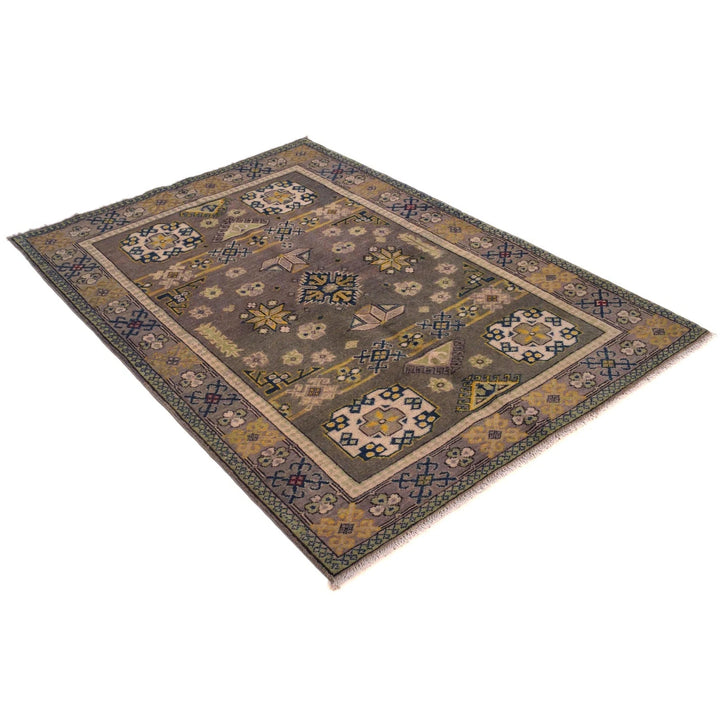 Gray Afghan Kazak Rug 4' 0" x 5' 7" Hand-Knotted | No. AL43555