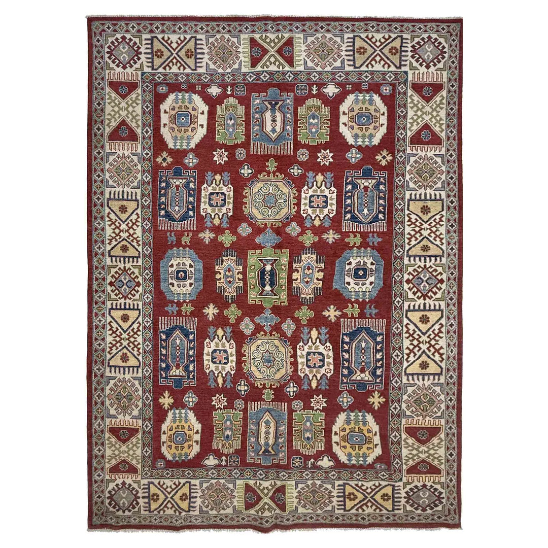Red Afghan Kazak Rug 6' 6" x 10' 1" Hand-Knotted | No. AL43598