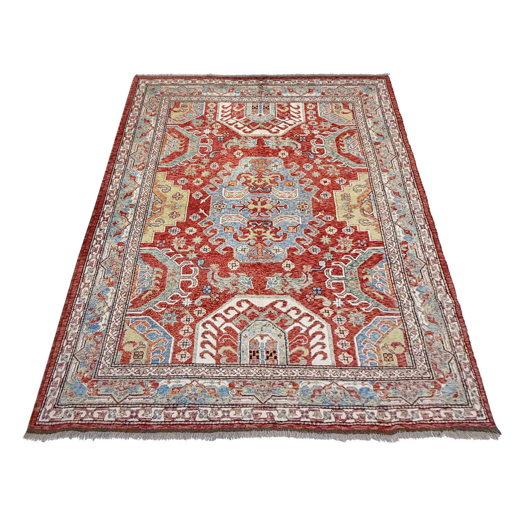 Red Afghan Heriz Rug 6' 9" x 9' 7" Hand-Knotted | No. AL43726