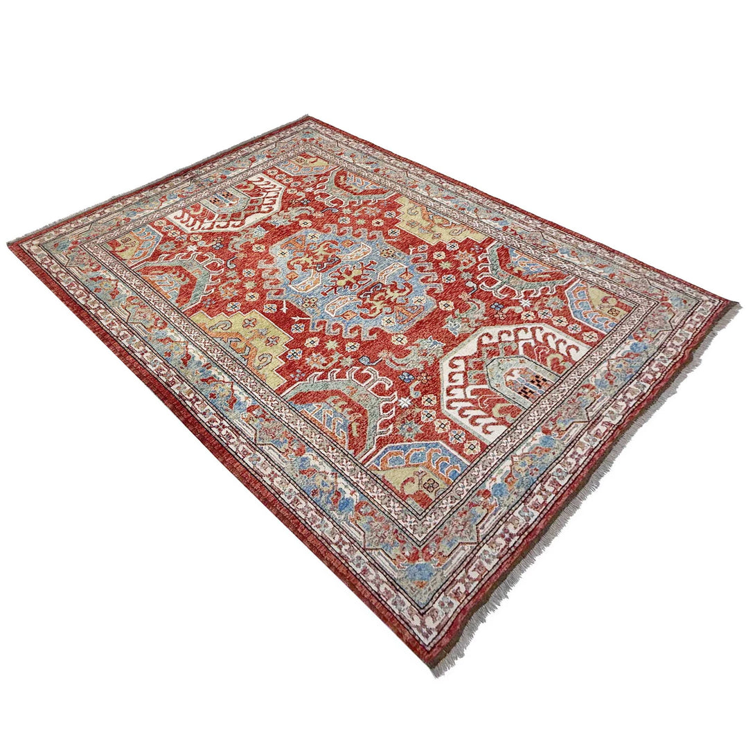 Red Afghan Heriz Rug 6' 9" x 9' 7" Hand-Knotted | No. AL43726