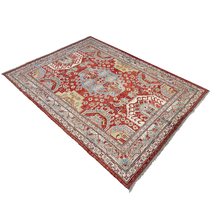 Red Afghan Heriz Rug 6' 9" x 9' 7" Hand-Knotted | No. AL43726