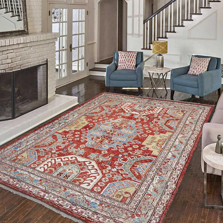 Red Afghan Heriz Rug 6' 9" x 9' 7" Hand-Knotted | No. AL43726