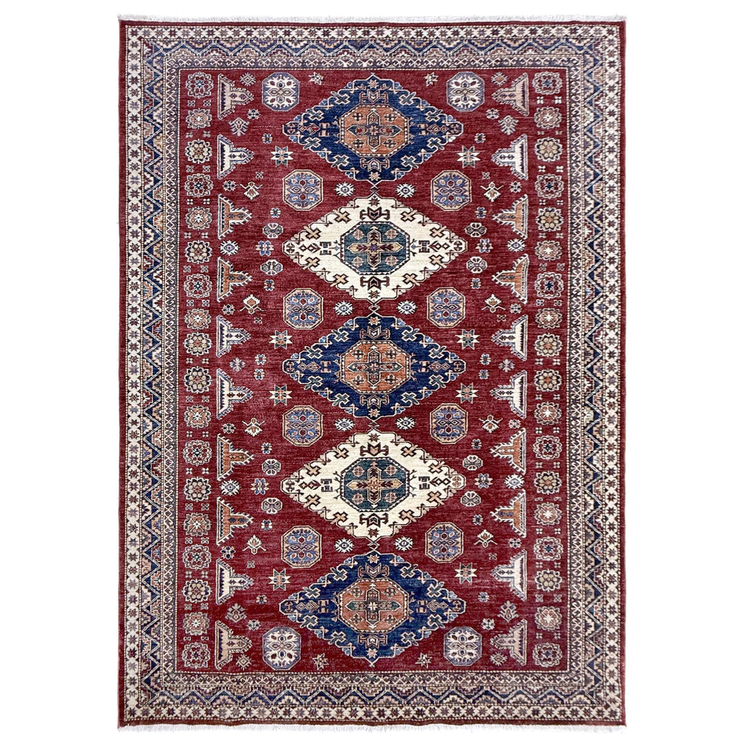 Red Afghan Kazak Rug 6' 9" x 10' 0" Hand-Knotted | No. AL43775