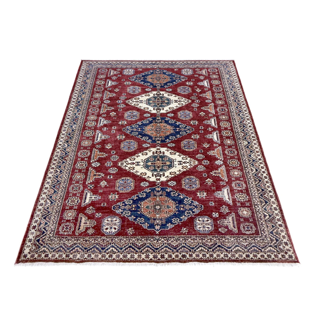 Red Afghan Kazak Rug 6' 9" x 10' 0" Hand-Knotted | No. AL43775