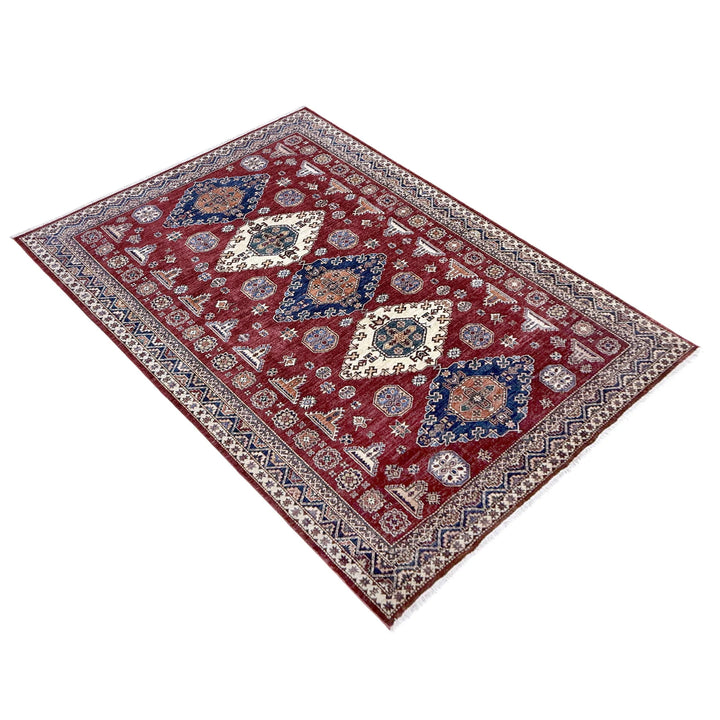 Red Afghan Kazak Rug 6' 9" x 10' 0" Hand-Knotted | No. AL43775