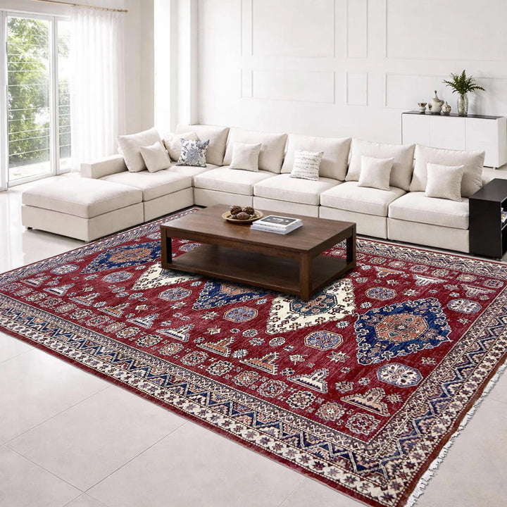 Red Afghan Kazak Rug 6' 9" x 10' 0" Hand-Knotted | No. AL43775