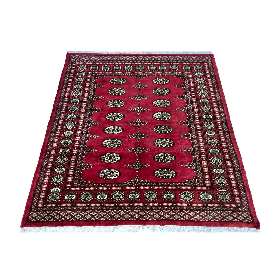 Vibrant Red Pakistani Bokhara Rug 4'1" x 5'10" Hand-Knotted | No. AL441729