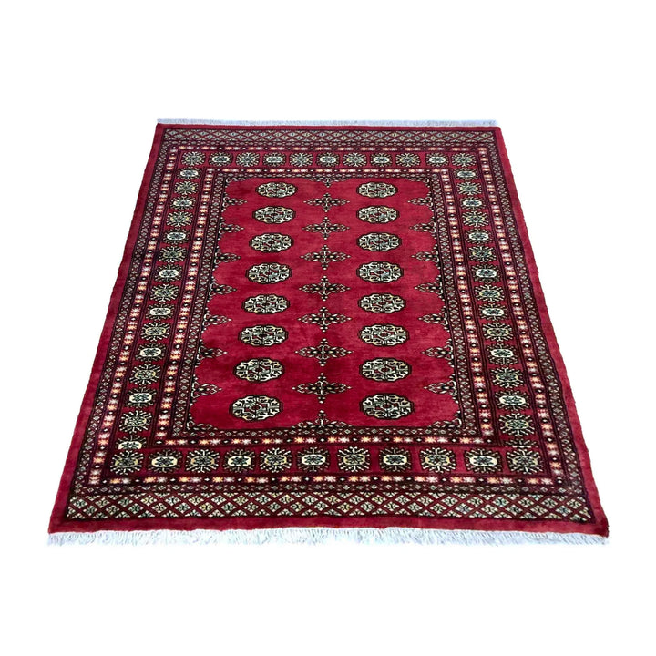 Vibrant Red Pakistani Bokhara Rug 4'1" x 5'10" Hand-Knotted | No. AL441729