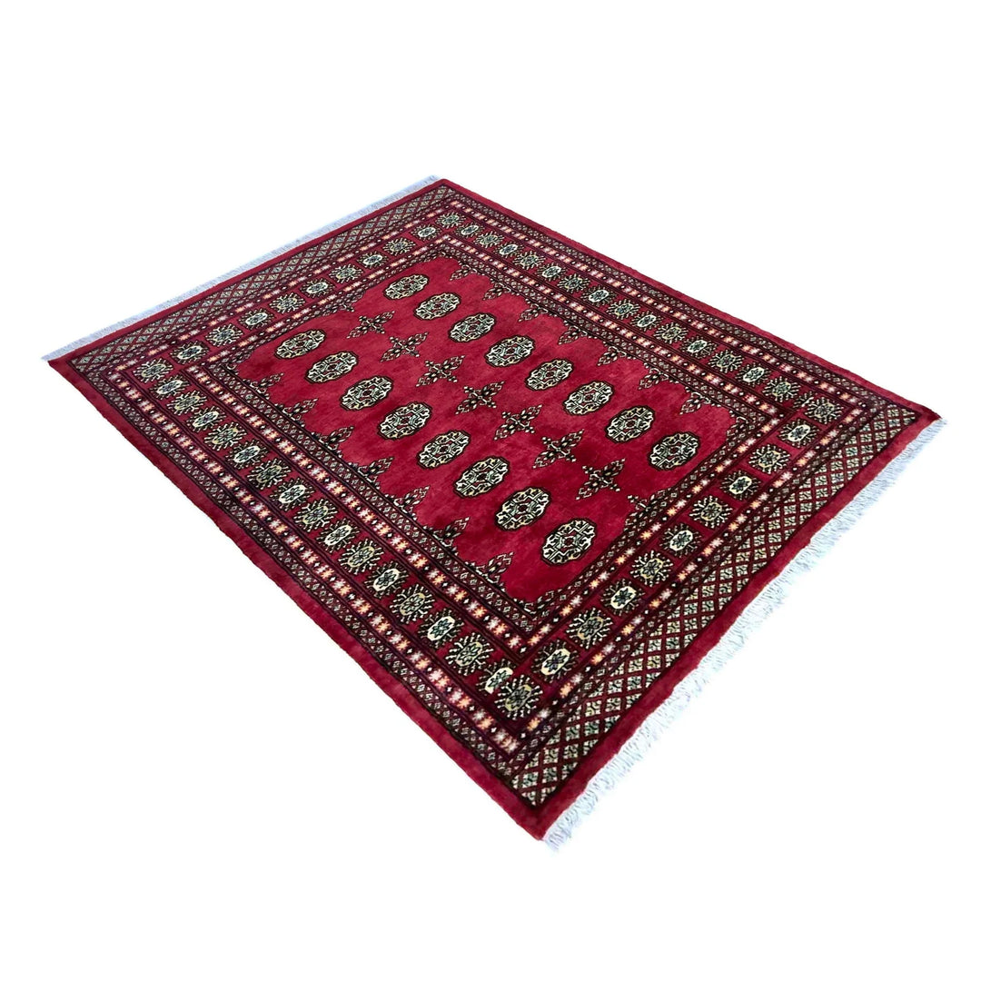 Vibrant Red Pakistani Bokhara Rug 4'1" x 5'10" Hand-Knotted | No. AL441729