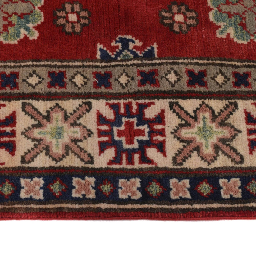 Red Afghan Kazak Rug 3' 3" x 4' 7" Hand-Knotted | No. AL44282