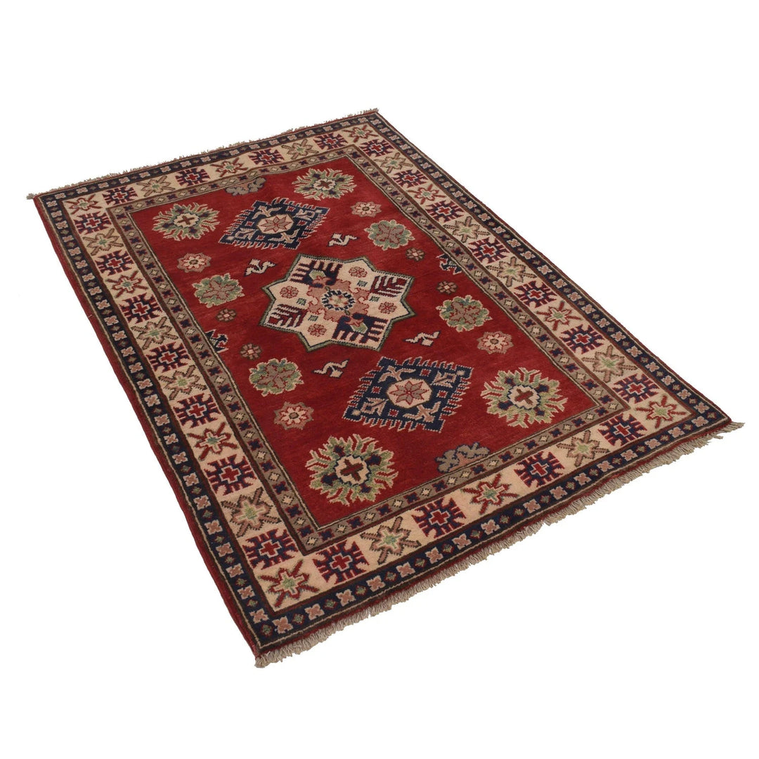 Red Afghan Kazak Rug 3' 3" x 4' 7" Hand-Knotted | No. AL44282