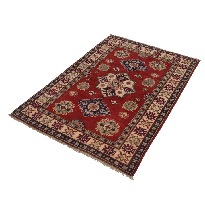 Red Afghan Kazak Rug 3' 3" x 4' 7" Hand-Knotted | No. AL44282