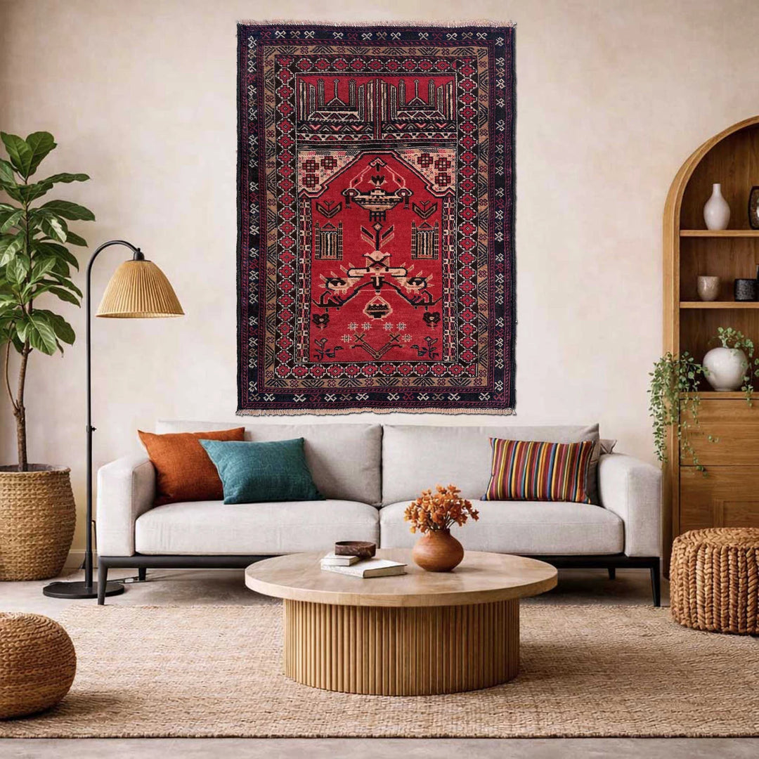 Red Afghan Tribal Rug 2' 11" x 4' 3" Hand-Knotted | No. AL44290