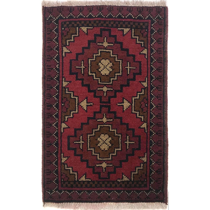 Red Afghan Oriental Doormat 1' 4" x 2' 2" Hand-Knotted | No. AL44384