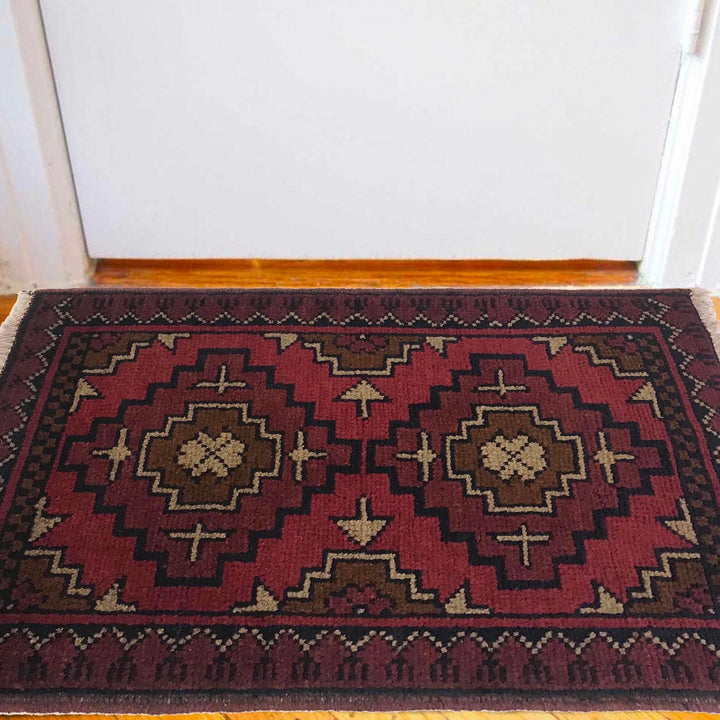Red Afghan Oriental Doormat 1' 4" x 2' 2" Hand-Knotted | No. AL44384