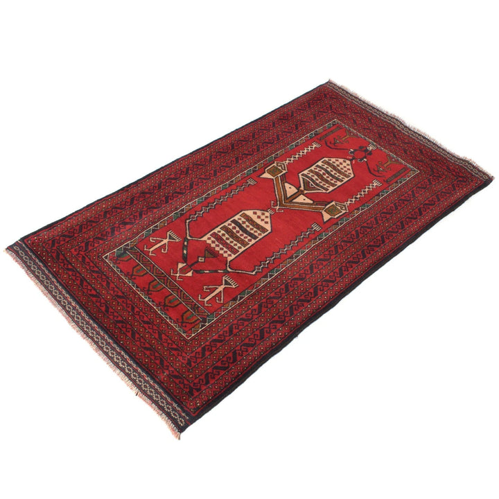 Red Afghan Baluchi Rug 2' 6" x 4' 8" Hand-Knotted | No. AL44433
