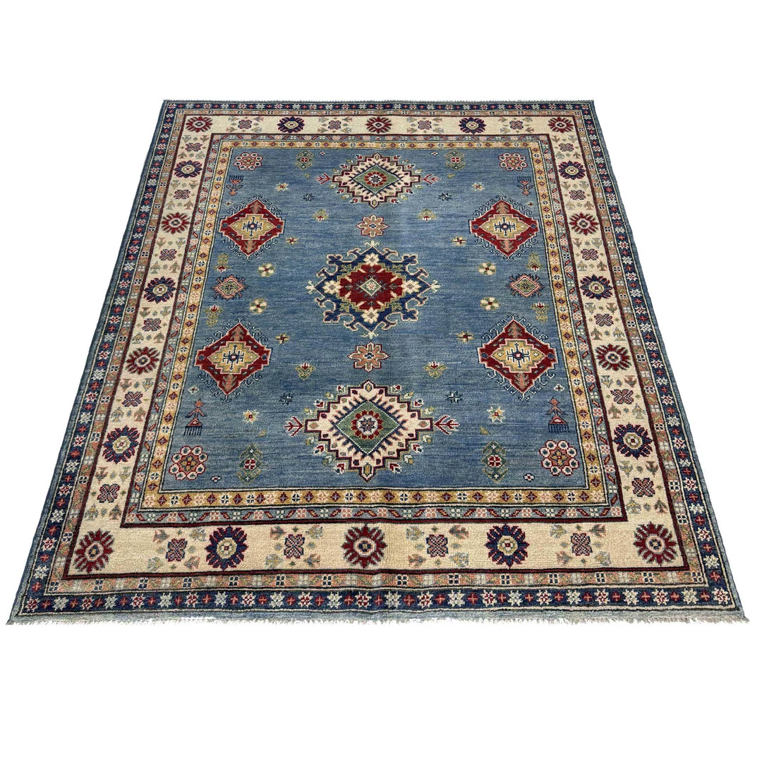 Blue Afghan Kazak Rug 4' 10" x 6' 2" Hand-Knotted | No. AL44465