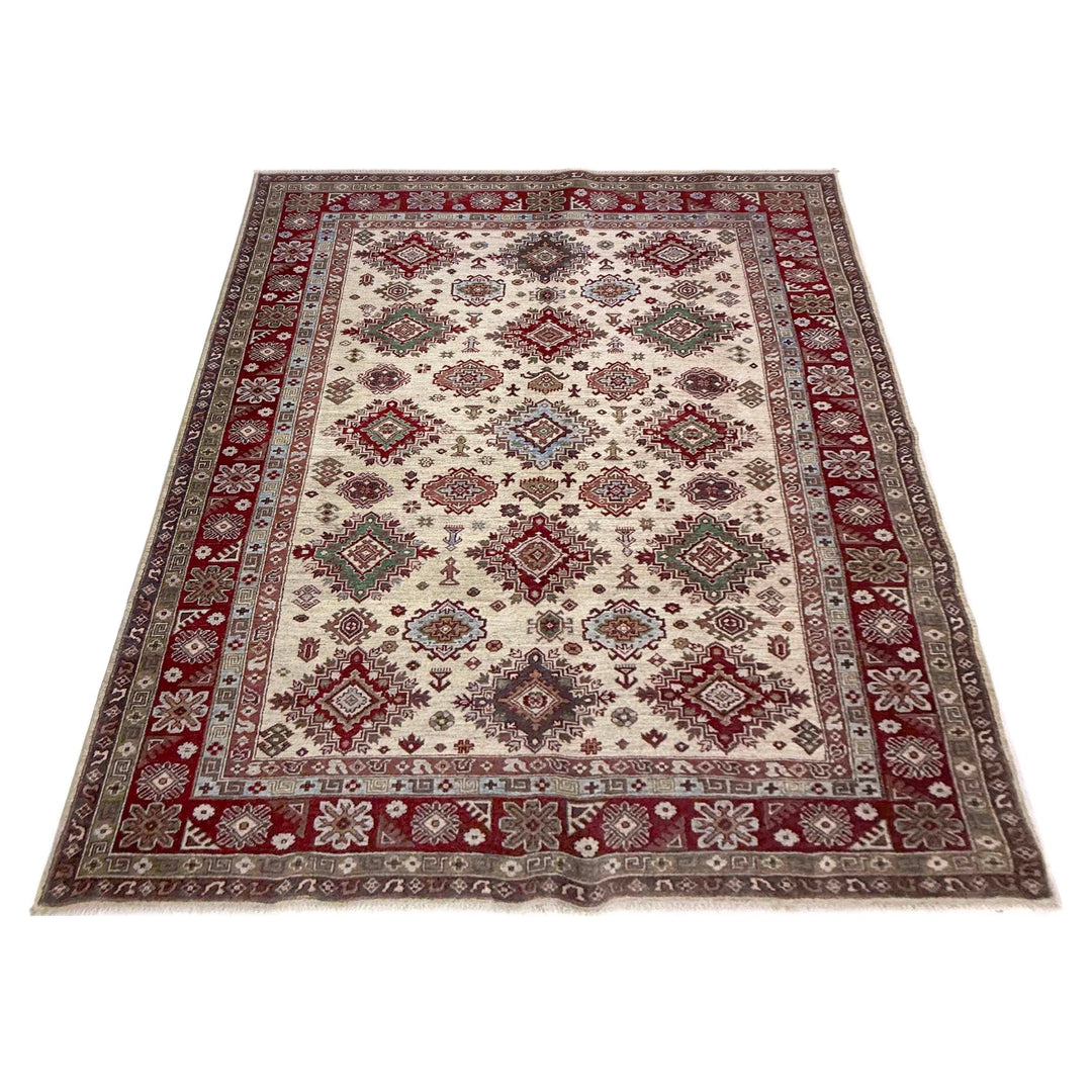 Beige Afghan Kazak Rug 6' 7" x 9' 5" Hand-Knotted | No. AL44541