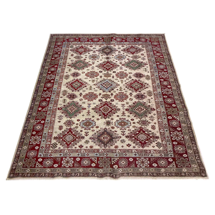 Beige Afghan Kazak Rug 6' 7" x 9' 5" Hand-Knotted | No. AL44541
