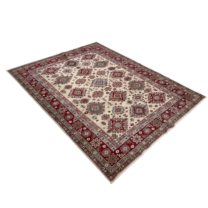 Beige Afghan Kazak Rug 6' 7" x 9' 5" Hand-Knotted | No. AL44541