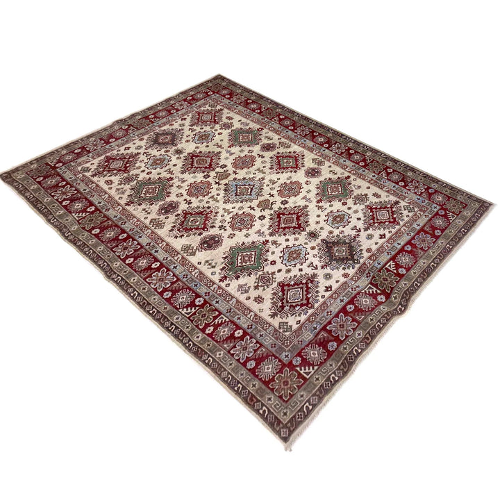 Beige Afghan Kazak Rug 6' 7" x 9' 5" Hand-Knotted | No. AL44541
