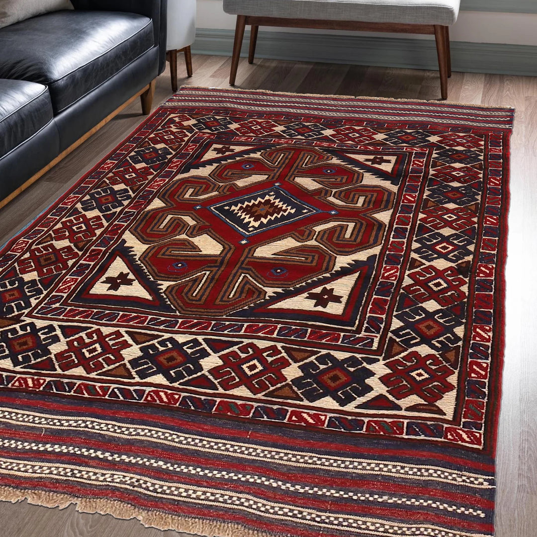 Beige Afghan Barjasta Rug 3'9" x 5'8" Hand-Knotted | No. AL44577