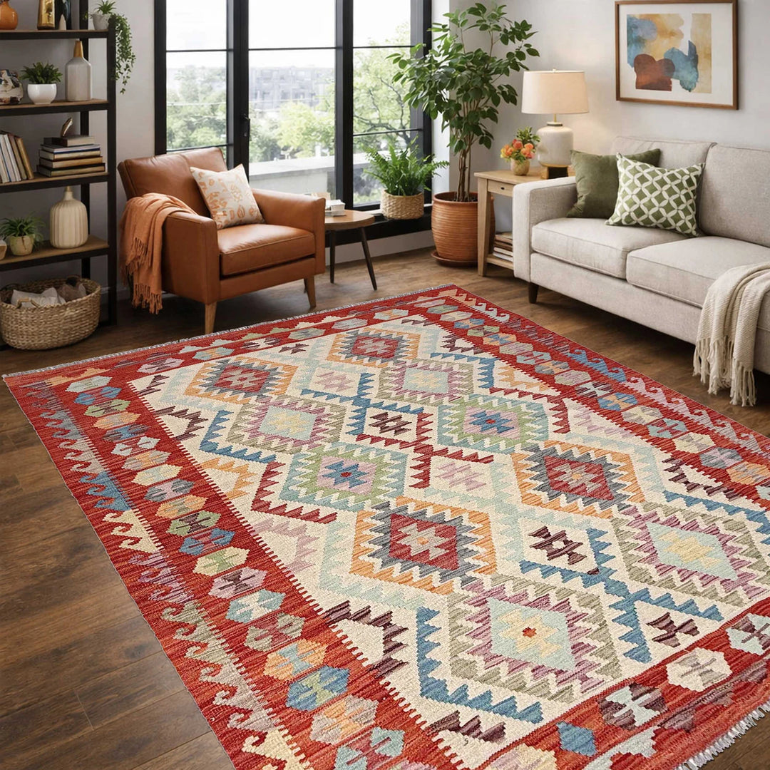 Afghan Vegetable Kilim Rug 5'1" x 6'8" Flat-Weave | No. AL44611