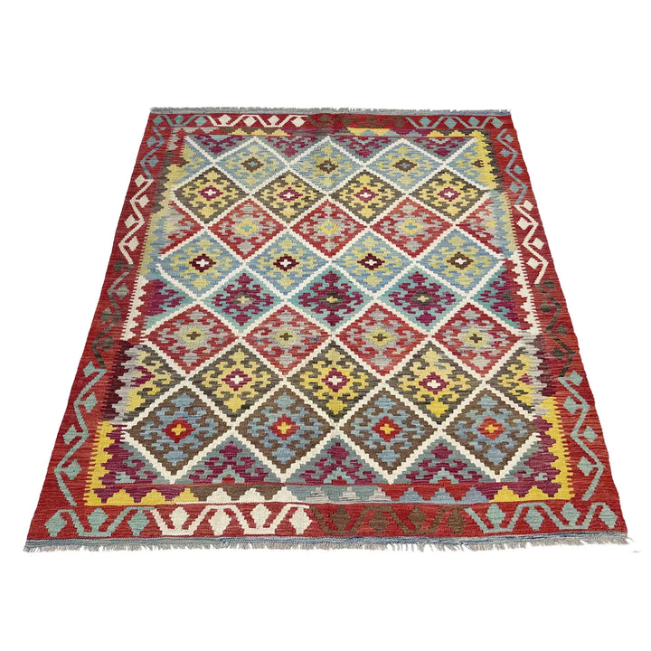 Afghan Vegetable Kilim Rug 4' 11" x 6' 8" Flat-Weave | No. AL447649