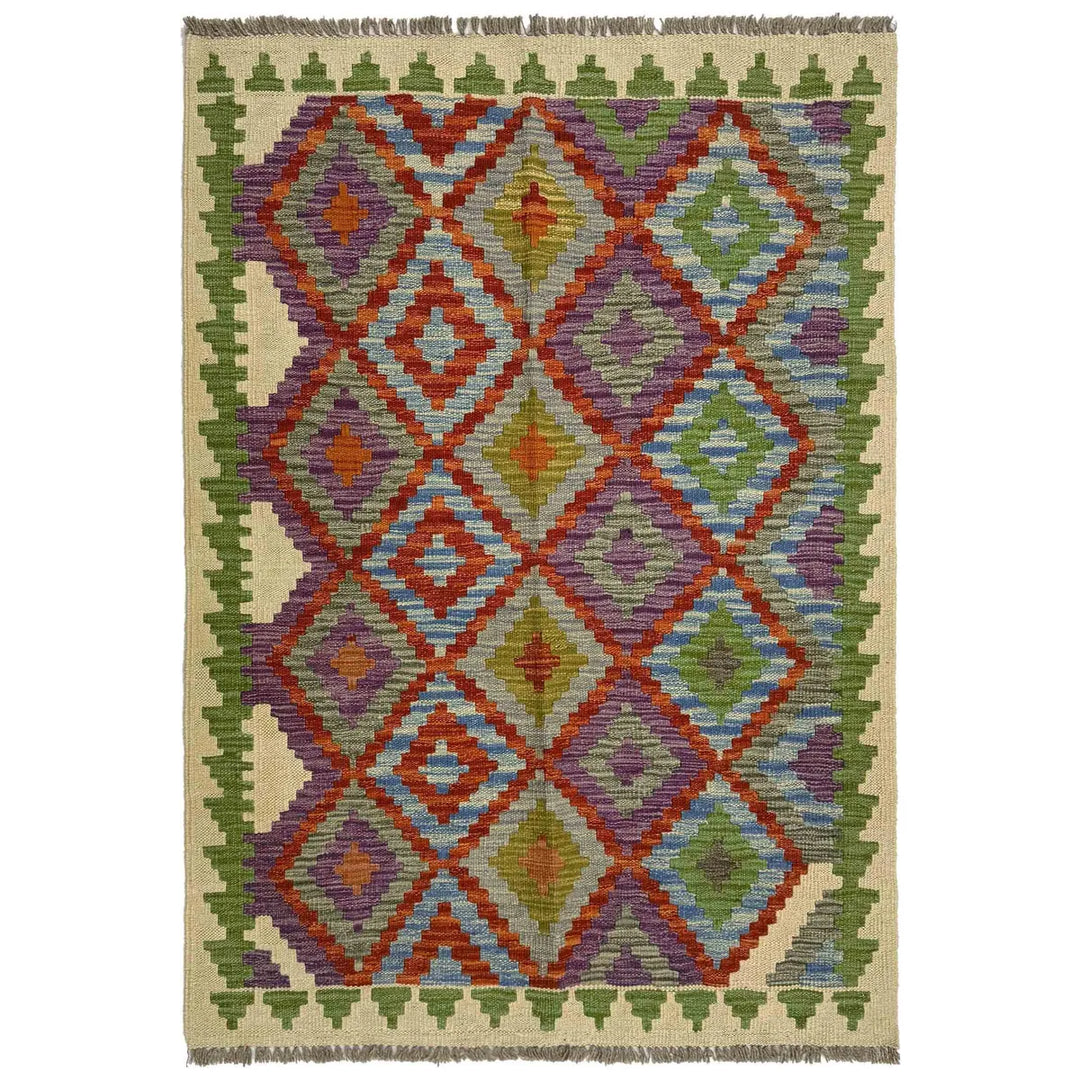 Afghan Vegetable Kilim Rug 3' 3" x 4' 9" Flat-Weave | No. AL448342