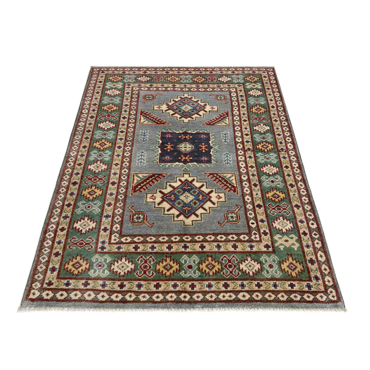 Gray Afghan Kazak Rug 3' 3" x 4' 9" Hand-Knotted | No. AL44855