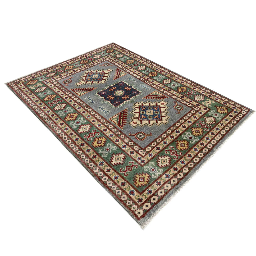 Gray Afghan Kazak Rug 3' 3" x 4' 9" Hand-Knotted | No. AL44855