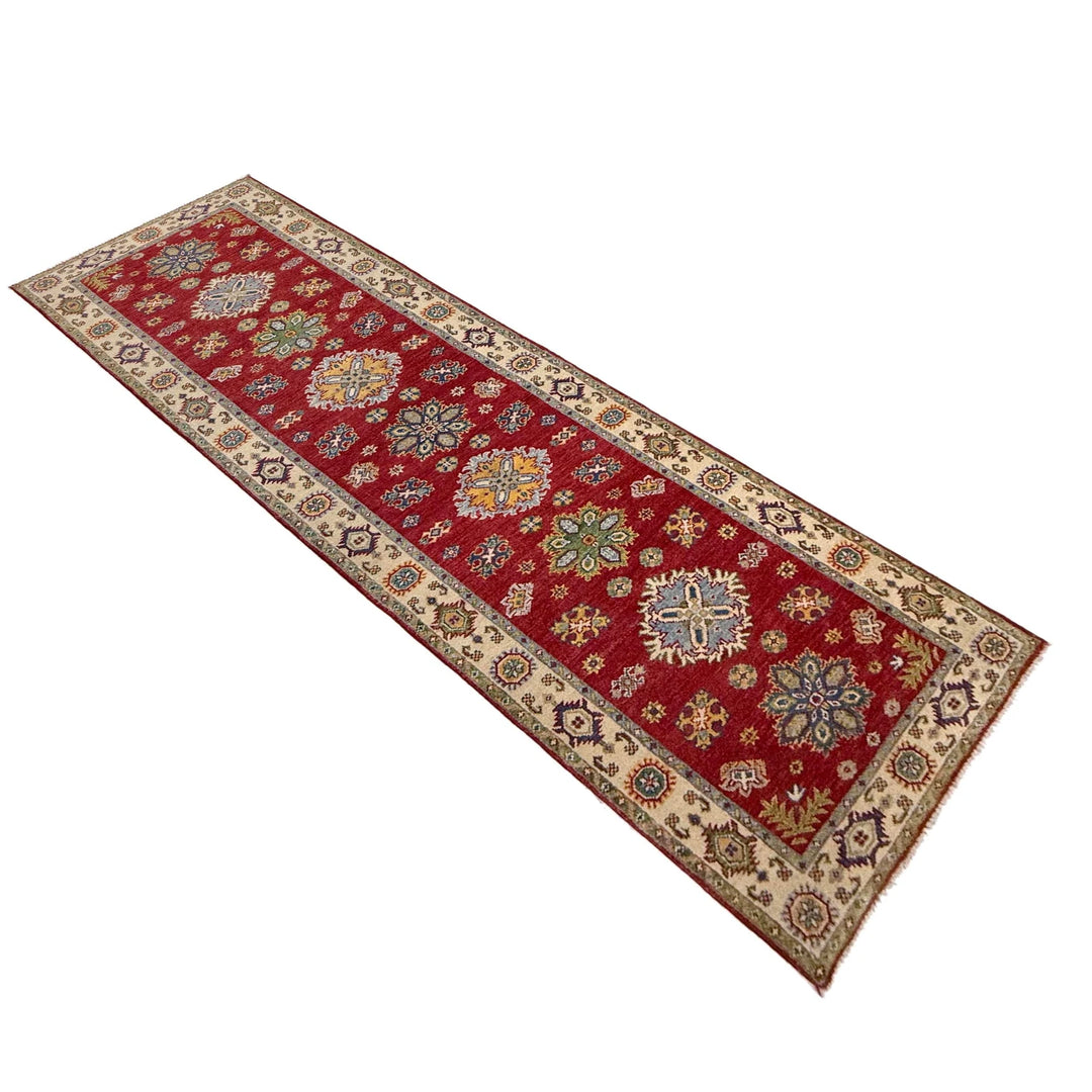 Red Afghan Kazak Rug 2' 8" x 9' 9" Hand-Knotted | No. AL44859