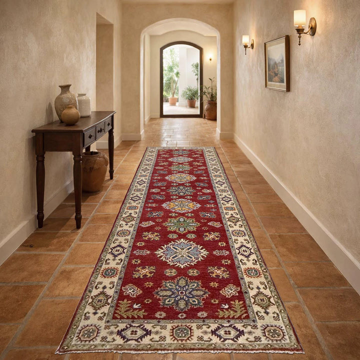 Red Afghan Kazak Rug 2' 8" x 9' 9" Hand-Knotted | No. AL44859