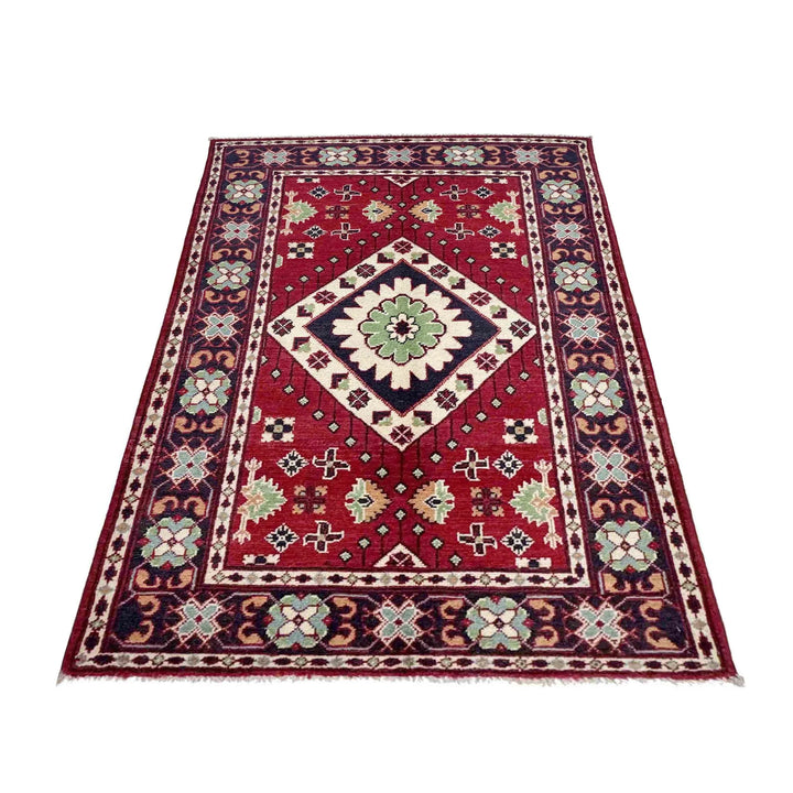 Red Afghan Kazak Rug 3' 1" x 5' 0" Hand-Knotted | No. AL45300