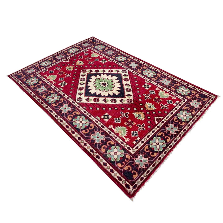 Red Afghan Kazak Rug 3' 1" x 5' 0" Hand-Knotted | No. AL45300