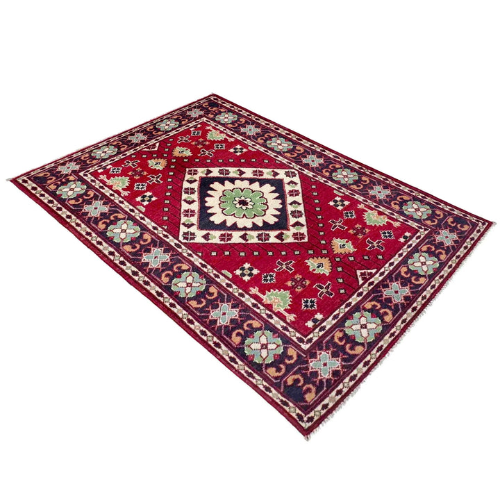Red Afghan Kazak Rug 3' 1" x 5' 0" Hand-Knotted | No. AL45300