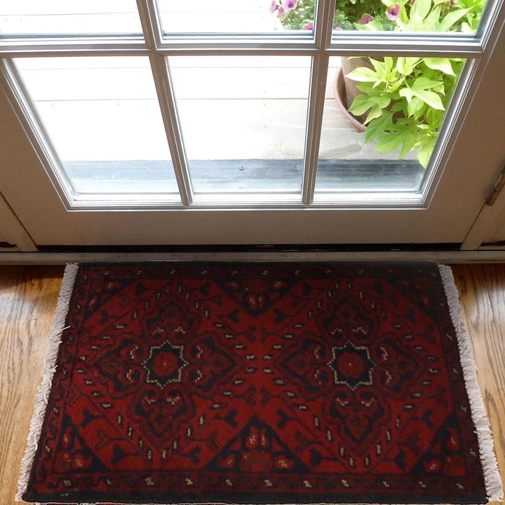 Red Afghan Oriental Doormat 1' 4" x 2' 0" Hand-Knotted | No. AL45335