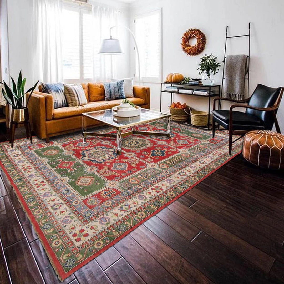 Red Afghan Kazak Rug 8' 11" x 11' 11" Hand-Knotted | No. AL45472