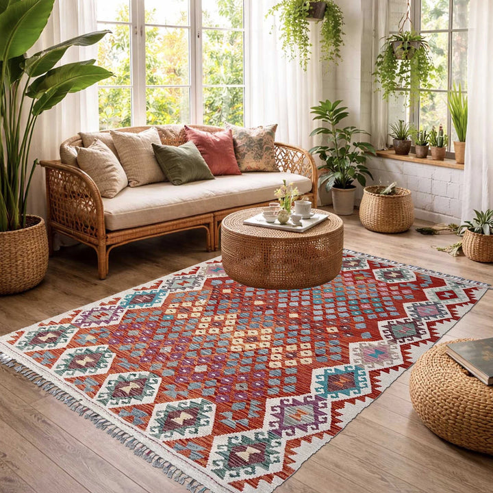 Afghan Vegetable Kilim Rug 5' 1" x 6' 7" Flat-Weave | No. AL45619