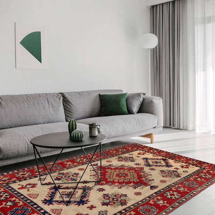Ivory Afghan Kazak Rug 3' 4" x 4' 10" Hand-Knotted | No. AL45722
