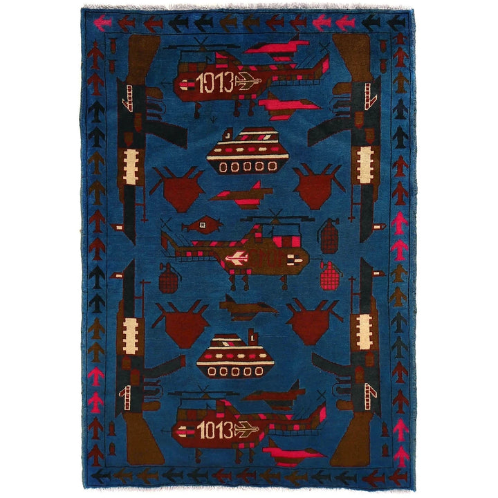 Blue Afghan War Rug 3' 5" x 5' 1" Hand-Knotted | No. AL45734