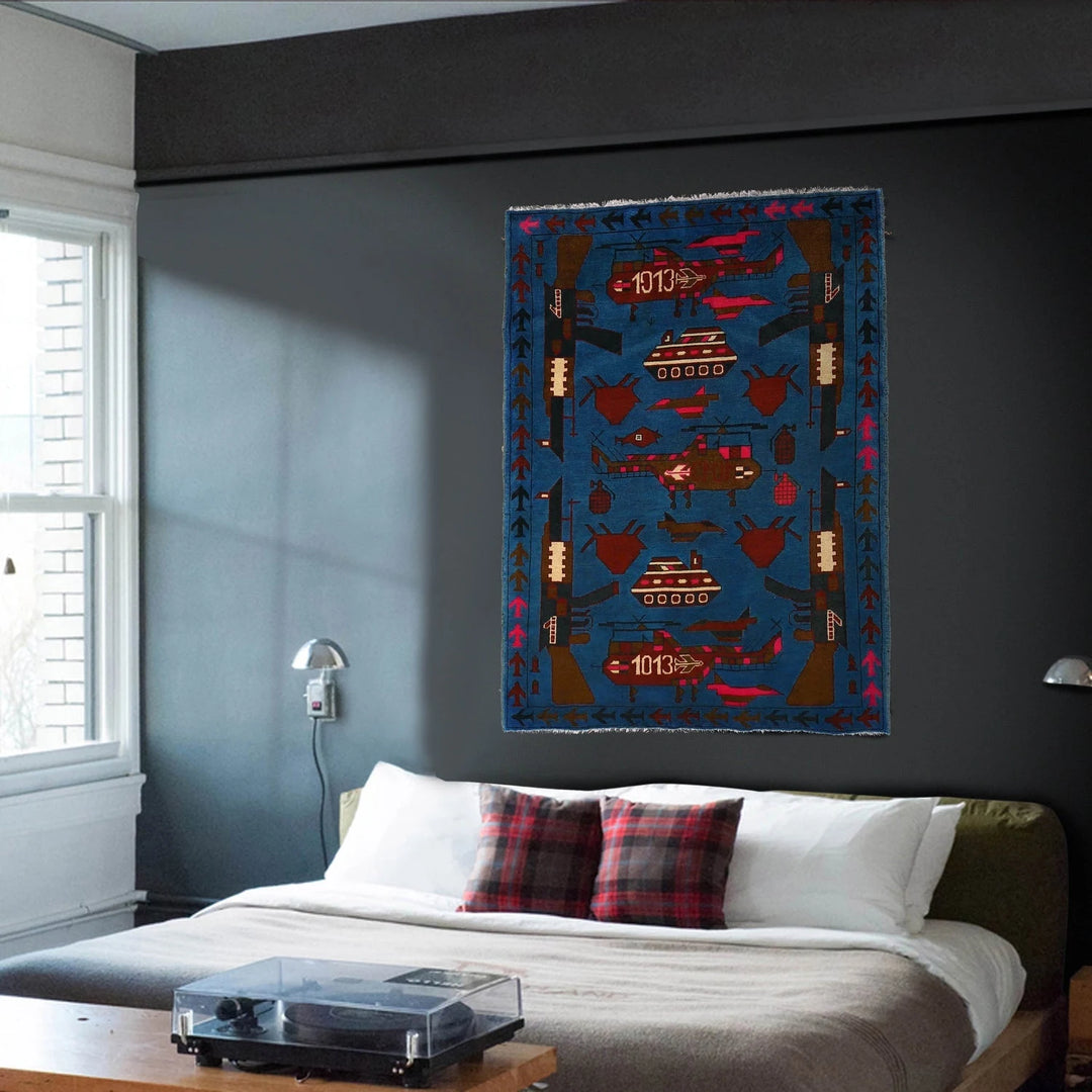 Blue Afghan War Rug 3' 5" x 5' 1" Hand-Knotted | No. AL45734