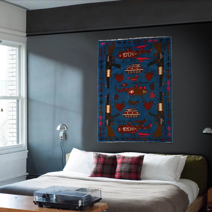 Blue Afghan War Rug 3' 5" x 5' 1" Hand-Knotted | No. AL45734