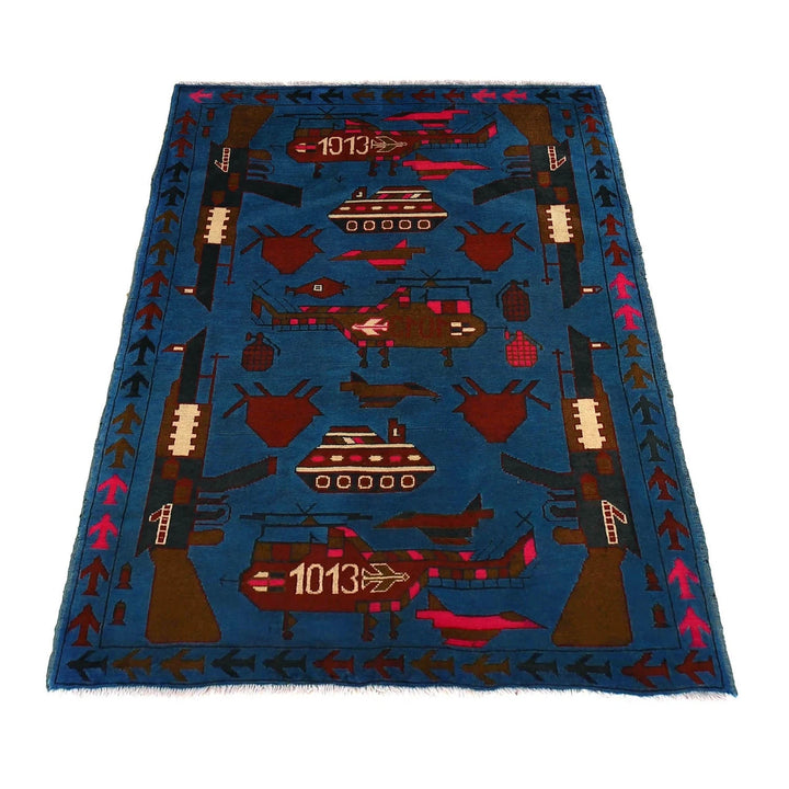 Blue Afghan War Rug 3' 5" x 5' 1" Hand-Knotted | No. AL45734