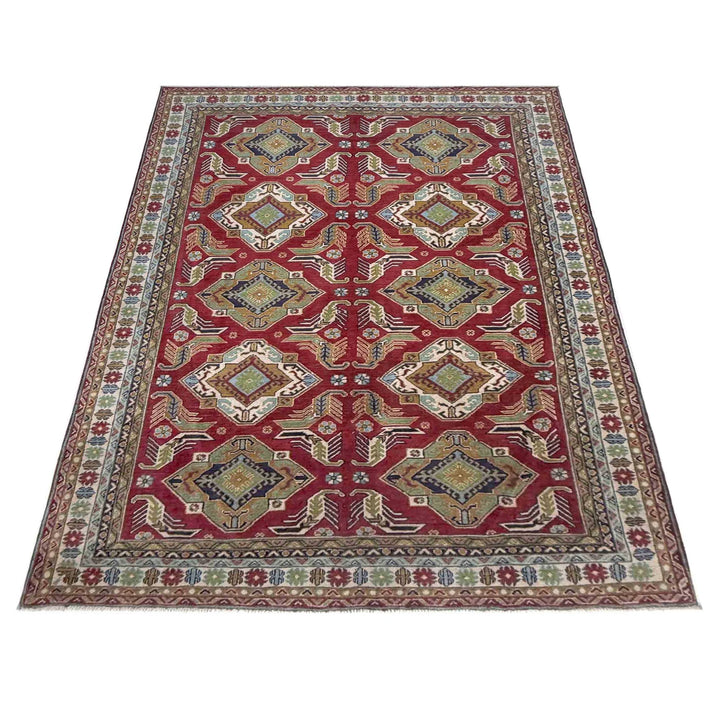 Red Afghan Kazak Rug 6' 4" x 9' 7" Hand-Knotted | No. AL45800