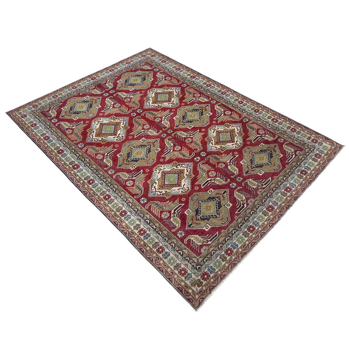 Red Afghan Kazak Rug 6' 4" x 9' 7" Hand-Knotted | No. AL45800