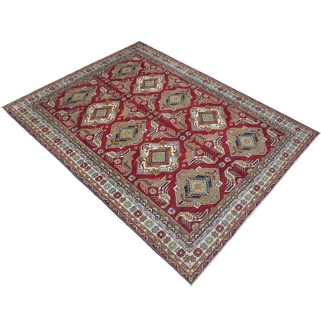 Red Afghan Kazak Rug 6' 4" x 9' 7" Hand-Knotted | No. AL45800
